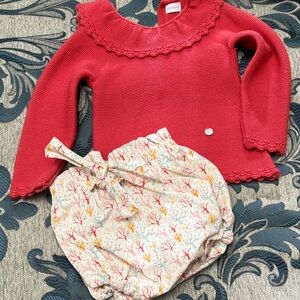 Red Knit Top and Floral Diaper Cover Set